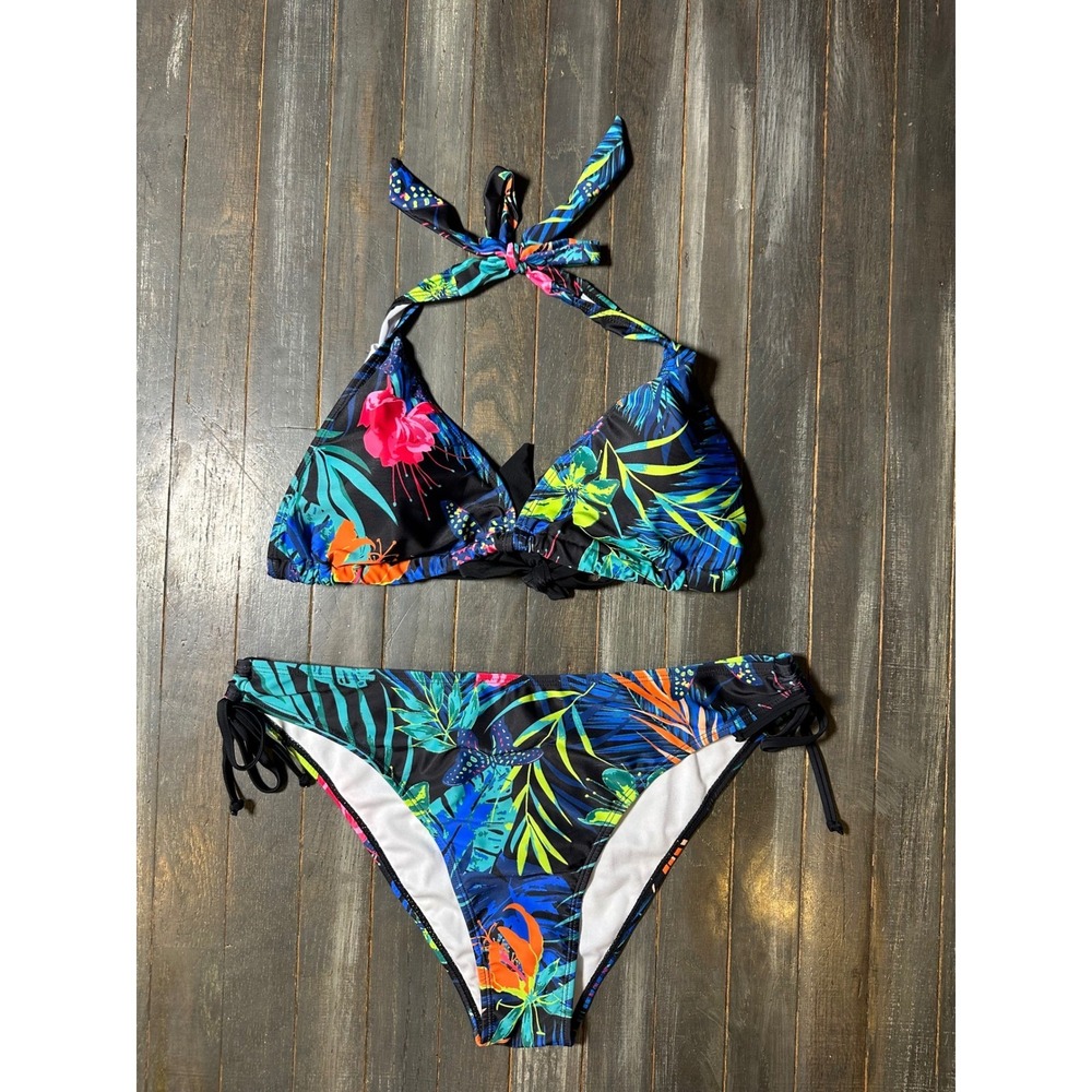 Tropical Floral Butterfly Print Halter Triangle Bikini Set Two Piece Swimsuit